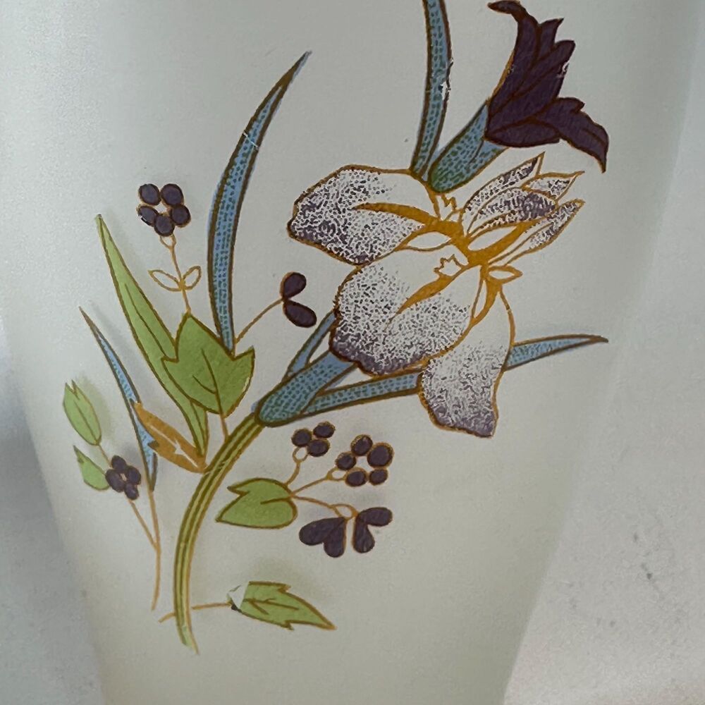 Pair Vintage Hand Painted Iris Floral Frosted 6” Glass Tumblers - Art Nouveau